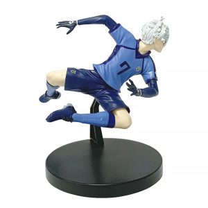 Figure do Nagi Seishiro, de Blue Lock, em pose de salto com uniforme azul nº 7 sobre base preta