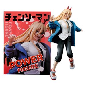 Figure da Power, de Chainsaw Man, em pose de corrida ao lado da caixa vermelha