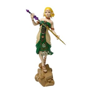 Figure da Princesa Zelda, de The Legend of Zelda, de vestido verde, empunhando uma espada, sobre base de pedra