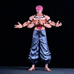 Figure do Ryomen Sukuna de Jujutsu Kaisen com quatro braços, cabelo rosa e calça larga listrada, de frente