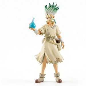 Figure do Senku Ishigami, de Dr. Stone, de pé com cabelo verde e branco e um frasco azul na mão
