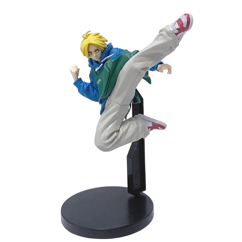 Figure do Shin Asakura, de Sakamoto Days, de cabelo loiro em pose de chute sobre base redonda preta com haste