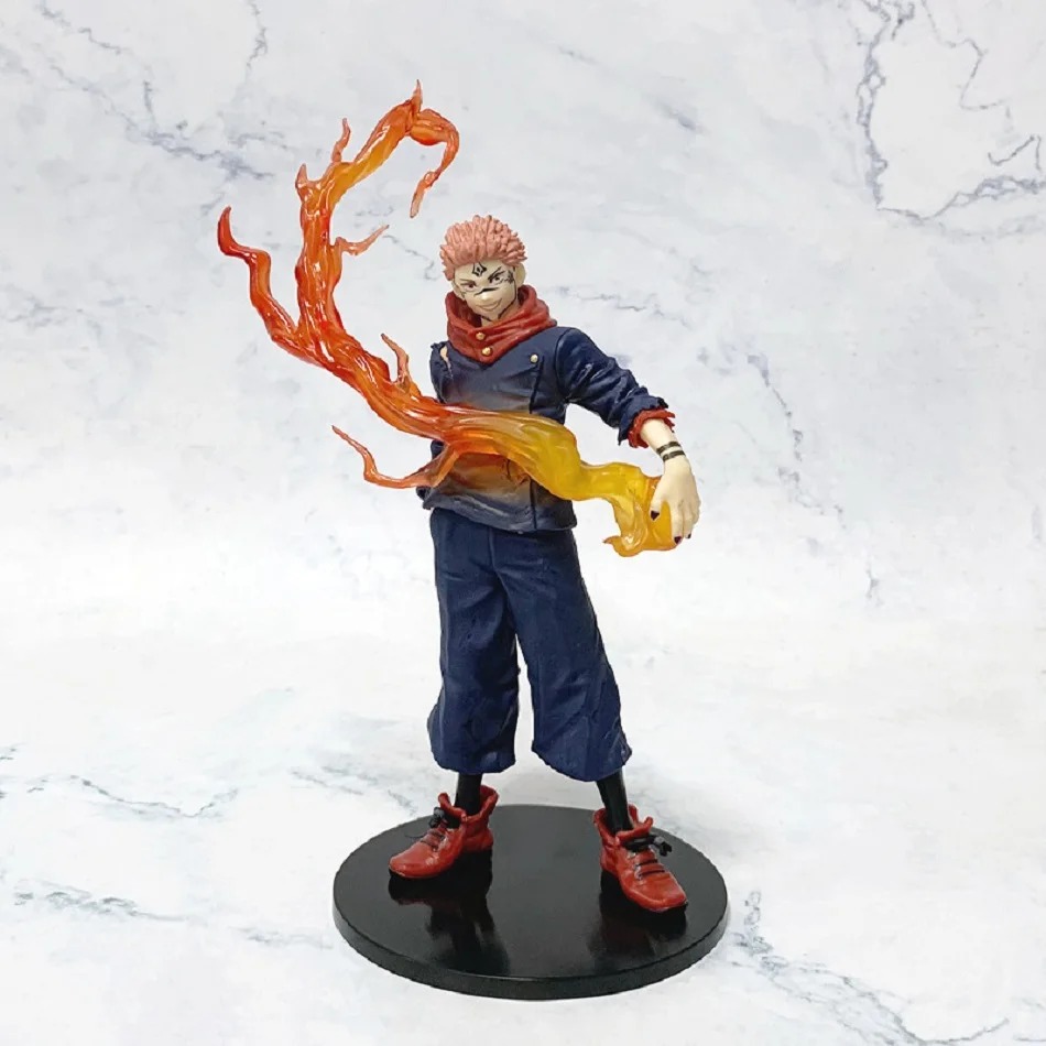 Figure do Yuji Itadori com chamas translúcidas na mão, sobre base preta e fundo de mármore, Jujutsu Kaisen