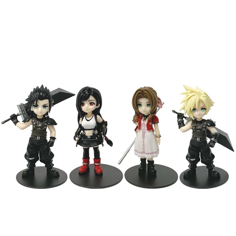 Conjunto de quatro figures chibi de Final Fantasy VII: Zack, Tifa, Aerith e Cloud sobre bases pretas
