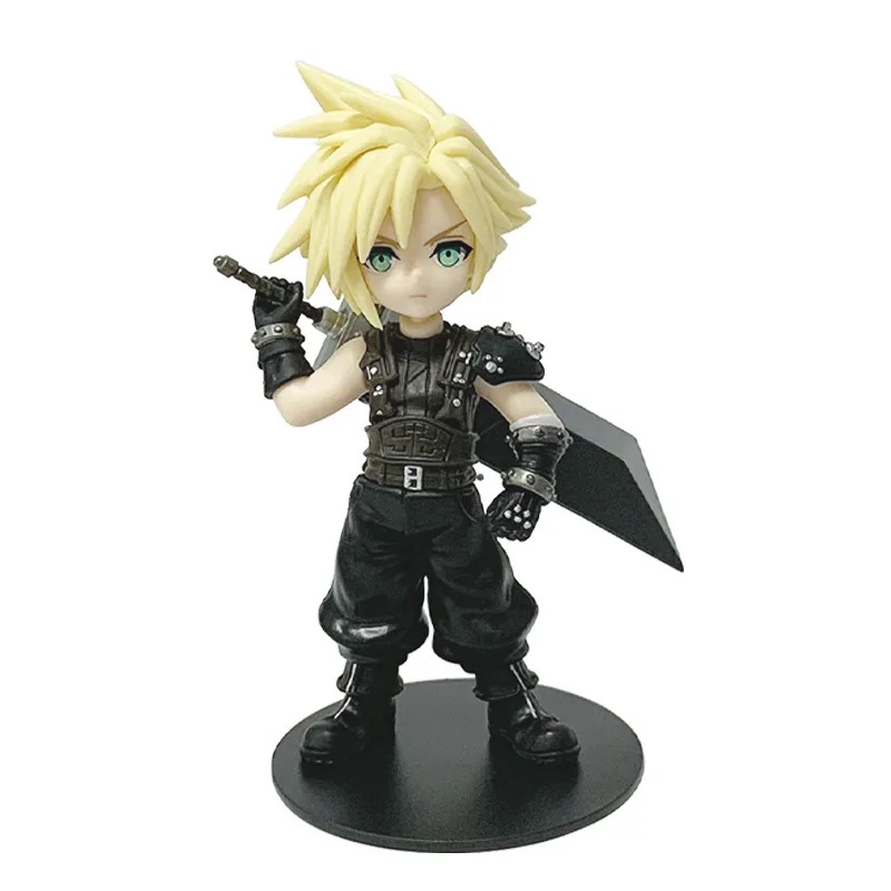 Figure chibi do Cloud Strife com a espada grande nas costas, de Final Fantasy VII, sobre base preta