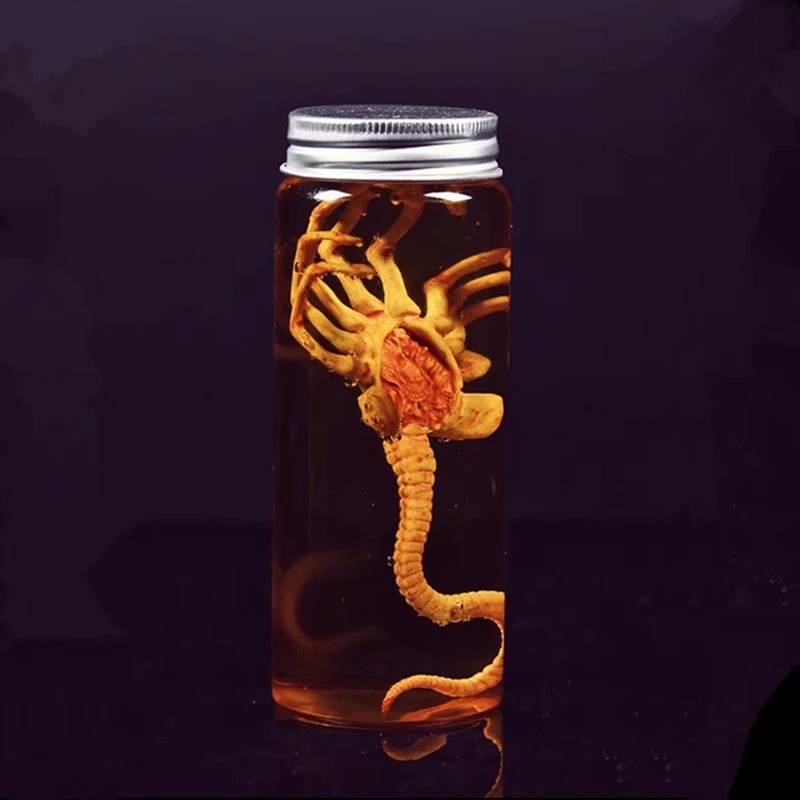 Frasco de vidro com um facehugger de Alien em líquido âmbar, com tampa metálica, sobre fundo escuro