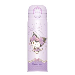 Garrafa térmica lilás da Kuromi, da Sanrio, com laço grande ao fundo e tampa branca com trava
