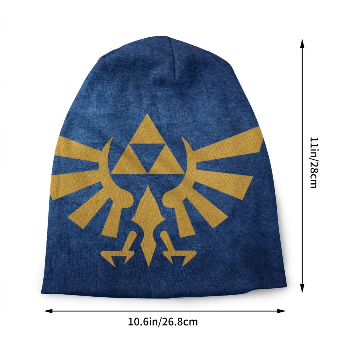 Gorro de malha Zelda com o brasão Hylian dourado e as medidas de 26,8 por 28 centímetros