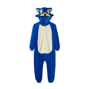 Kigurumi do Sonic azul com barriga clara e capuz com olhos e espinhos, visto de frente