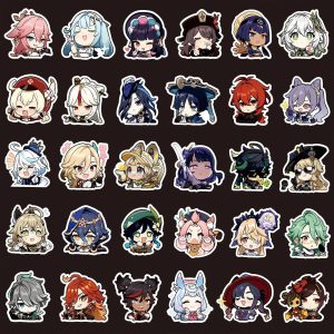 Folha com adesivos chibi de personagens de Genshin Impact em fundo escuro