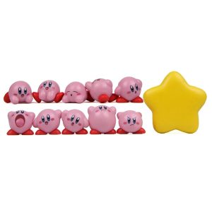 Onze mini figures do Kirby em fileiras, com expressões diferentes, ao lado da estrela amarela