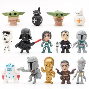 Kit com 14 mini figures chibi de Star Wars, com Grogu, BB-8, Stormtrooper, Darth Vader, R2-D2 e C-3PO