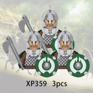 Kit com três mini figuras de soldados com elmo, machado e escudo verde, inspiradas em O Senhor dos Anéis