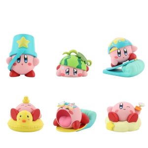 Kit com seis figures do Kirby na série praia, com balde, melancia, prancha, boia de patinho e outras poses