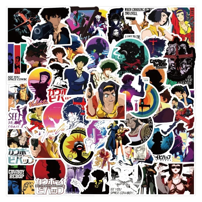 Kit de 60 adesivos coloridos de Cowboy Bebop com Spike, Faye, Jet e Ein