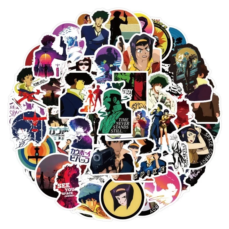 Adesivos de Cowboy Bebop dispostos em círculo, com personagens e a frase See You Space Cowboy