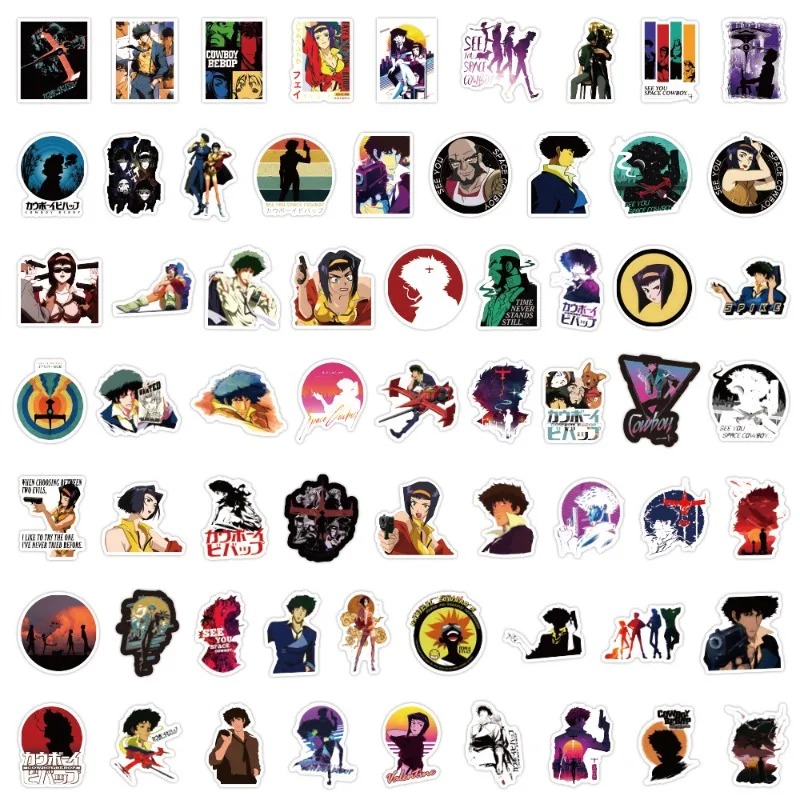 Folha com os 60 adesivos de Cowboy Bebop organizados em fileiras