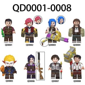 Kit com 8 mini figuras de montar de Arcane, League of Legends, em fileiras com os códigos QD001 a QD008