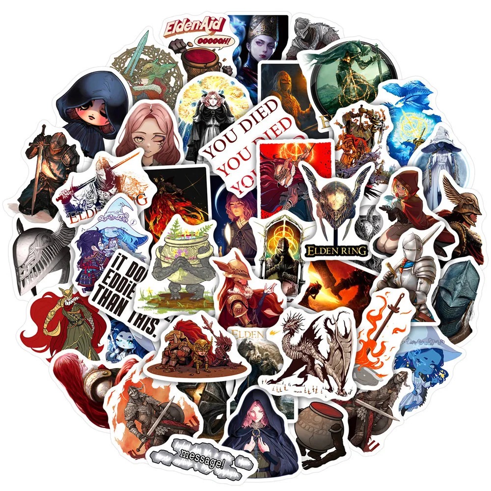 Kit de adesivos de Elden Ring organizado em círculo, com personagens e cenas do jogo