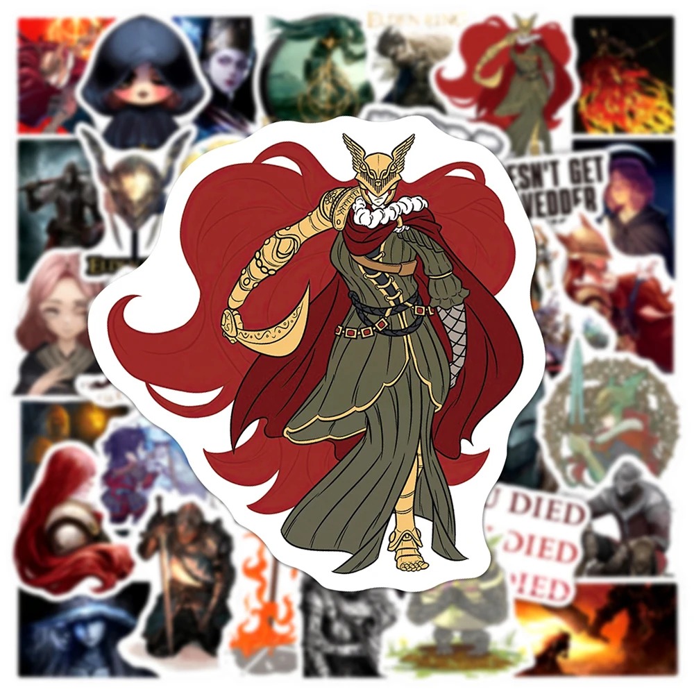 Adesivo de guerreira de cabelo vermelho comprido sobre a colagem de adesivos de Elden Ring