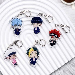 Cinco chaveiros de acrílico de Mashle: Magic and Muscles com personagens em versão chibi