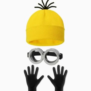 Kit de fantasia de Minion com touca amarela, óculos cinza e luvas pretas, de Meu Malvado Favorito