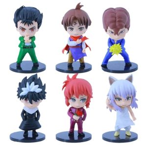 Kit com 6 figuras chibi de Yu Yu Hakusho em fundo branco: Yusuke, Kuwabara, Kurama, Hiei, Youko Kurama e Koenma