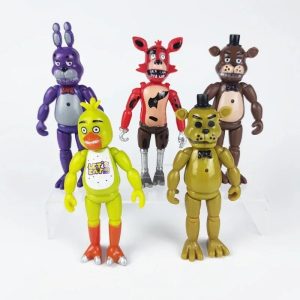 Cinco figures articuladas de Five Nights at Freddy's: Bonnie, Foxy, Freddy, Chica e um animatrônico dourado