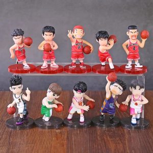 Dez figures chibi de Slam Dunk em duas fileiras: o time de camisa vermelha e o time de camisas claras com bolas de basquete