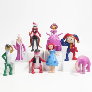 Oito miniaturas de O Incrível Circo Digital em PVC sobre pedestais, com Pomni, Ragatha e Jax