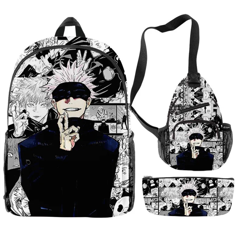 Conjunto de 3 peças do Gojo, de Jujutsu Kaisen, com mochila, bolsa transversal e estojo em estampa de mangá