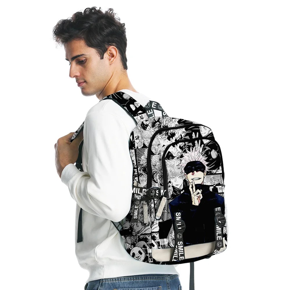 Mochila do Gojo, de Jujutsu Kaisen, com bolsa e estojo combinando, vistos de frente