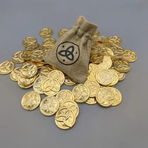 Moedas Mora douradas de Genshin Impact espalhadas ao lado de um saquinho de pano com o símbolo do jogo