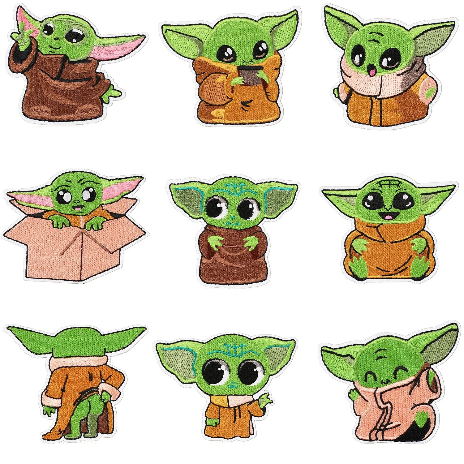 Nove patches bordados do Grogu, de Star Wars: The Mandalorian, em poses variadas