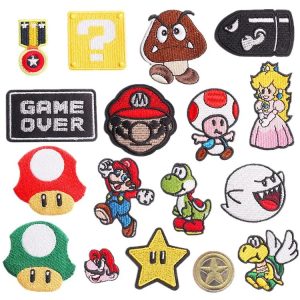 Kit de patches bordados de Super Mario com Mario, Peach, Toad, Goomba, estrela e bloco de interrogação
