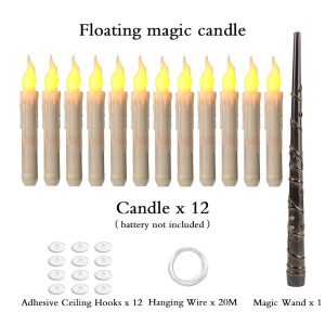 Kit com 12 velas flutuantes de LED, varinha de controle, ganchos adesivos e fio, estilo Harry Potter