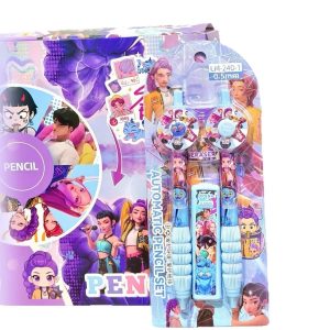 Cartela com lapiseira, grafites e borracha com arte de Guerreiras do K-Pop