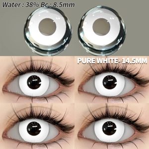 Lente branca Pure White de 14,5 mm vista de perto e no olho, para cosplay