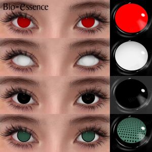 Quatro estilos de lente de contato para cosplay: vermelha, branca, preta e verde mesh, em olhos e na lente