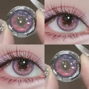 Lente rosa Tear Pink com brilho efeito galáxia, vista de perto e no olho, para cosplay