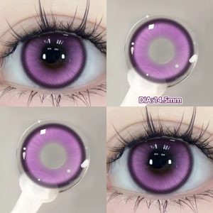 Lente roxa Cyber Night Violet de 14,5 mm vista de perto e no olho, para cosplay