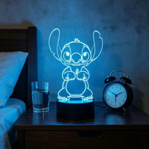 Luminária 3D do Stitch sentado em ilusão de acrílico com luz azul sobre mesa de cabeceira, Lilo & Stitch