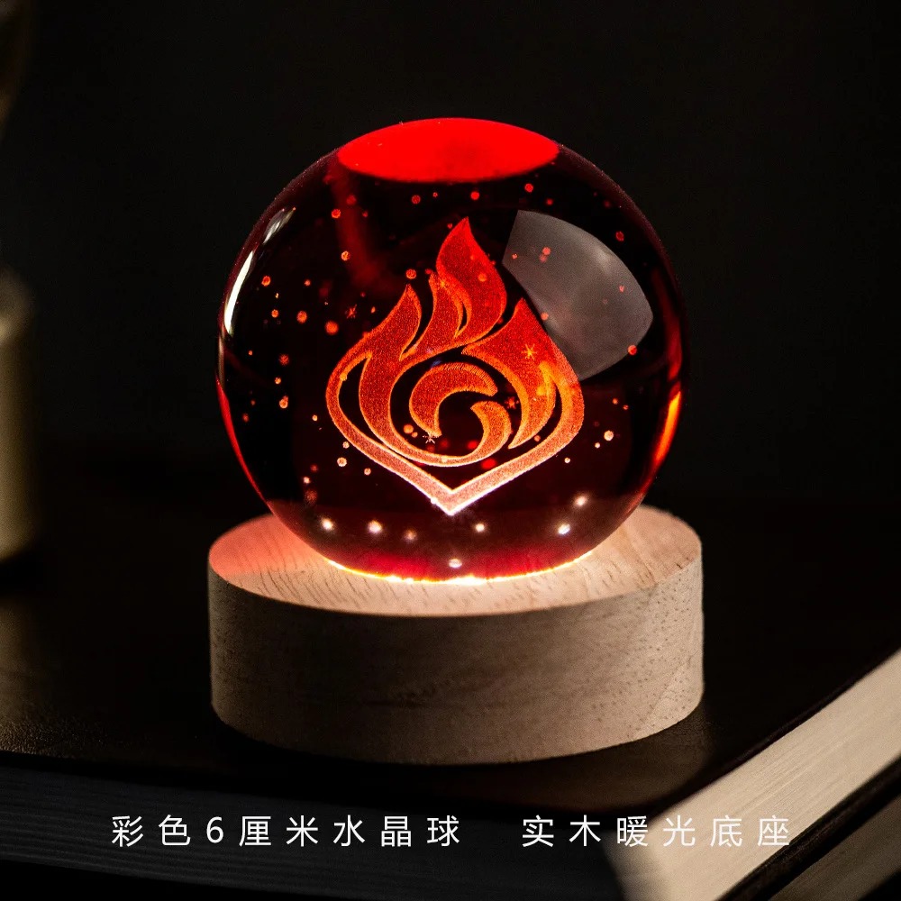 Bola de cristal vermelha com o símbolo do elemento Pyro de Genshin Impact sobre base de madeira