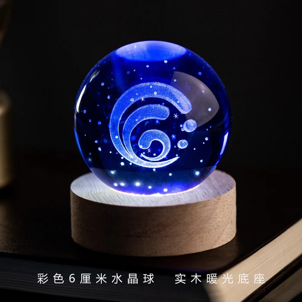 Bola de cristal azul com o símbolo do elemento Hydro de Genshin Impact sobre base de madeira