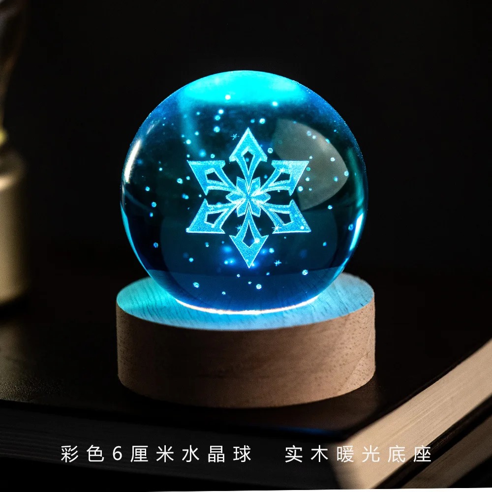 Bola de cristal azul-clara com o símbolo do elemento Cryo de Genshin Impact sobre base de madeira