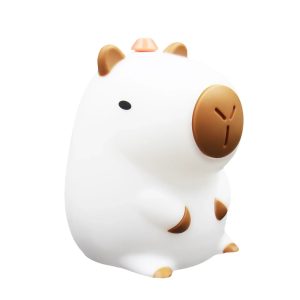 Luminária de silicone em formato de capivara branca com laranja na cabeça, fundo branco