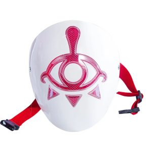 Máscara branca do Clã Yiga, de Zelda, com o símbolo do olho em vermelho e tira vermelha