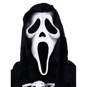 Máscara branca do Ghostface com capuz preto em fundo branco, de Pânico
