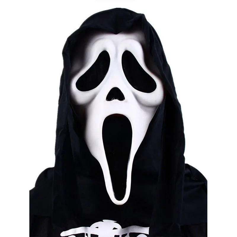 Máscara branca do Ghostface com capuz preto em fundo branco, de Pânico