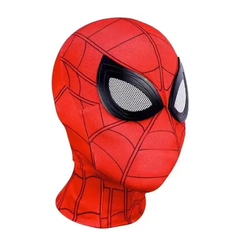 Máscara de capuz vermelho do Homem-Aranha, Marvel, com teias pretas e olhos brancos, em fundo branco